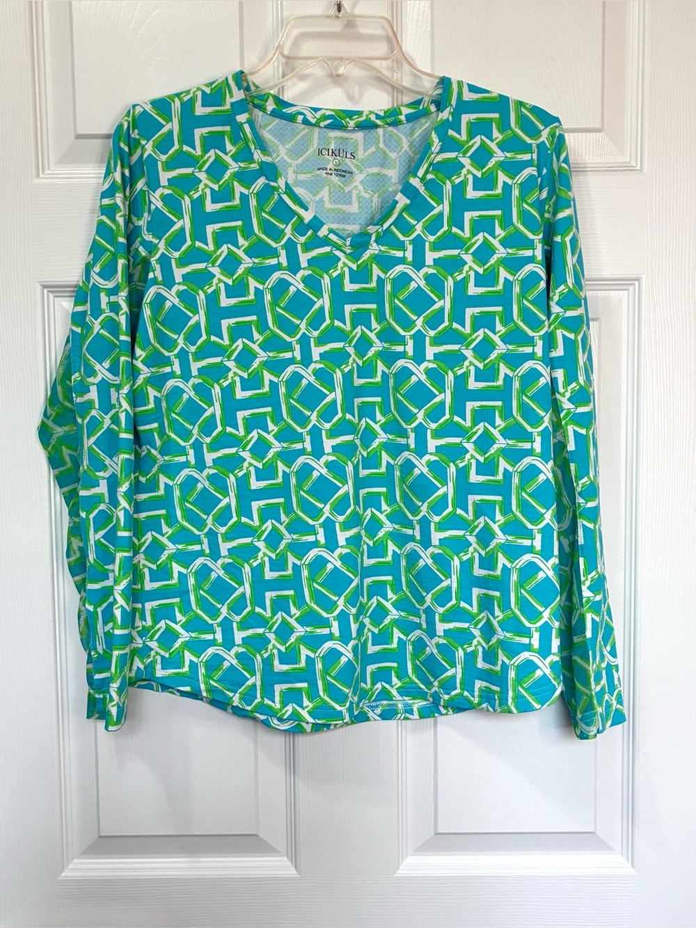 Icikuls Active Shirt Womens Large Blue Green Mesh Rash Guard V-neck Golf Kayak